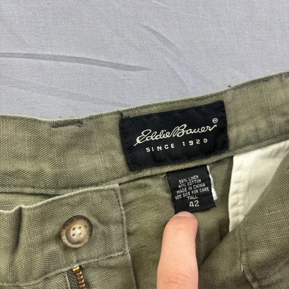 Eddie Bauer Mens 42 Tall Olive Green Linen Cotton Blend Pleated Chino Pants
